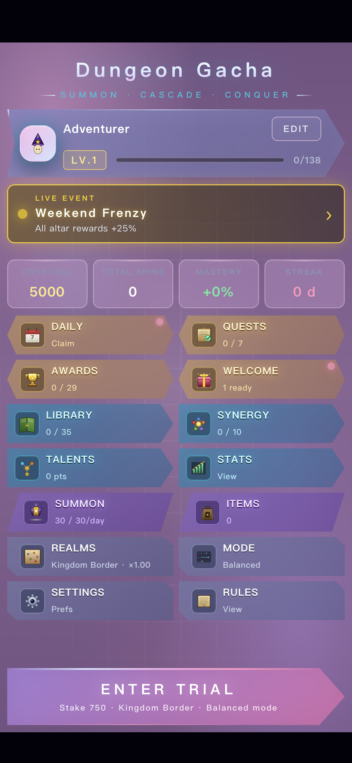 Dungeon Gacha lobby screen showing profile, quests, rewards, and enter trial button